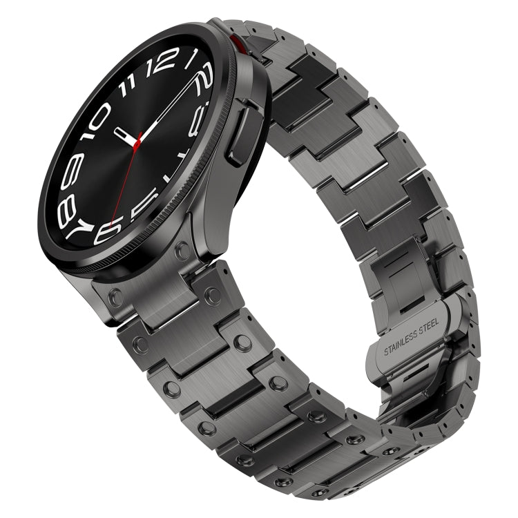 Stylish stainless steel strap for Samsung Galaxy Watch 6 in silver, black, and titanium gray colors, showcasing its butterfly snap design.